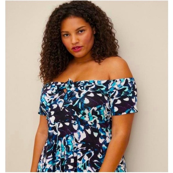 Torrid Super Soft Knit Floral Babydoll Top Plus Size 6X Blue Off Shoulder - Picture 1 of 13